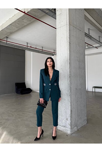 Female Clothing Koyu Yeşil Taş Detay Blazer Ceket Esnek Cepli Kemerli Pantolon Takım Elbise