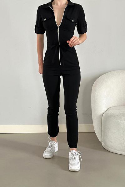 Deafox Black Zipper Pocket Imported Crepe Fabric Jumpsuit