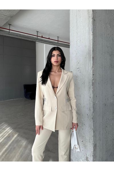 Female Clothing Beige Stone Detail Blazer Jacket Stretchy Pocket Belt Pants Suit