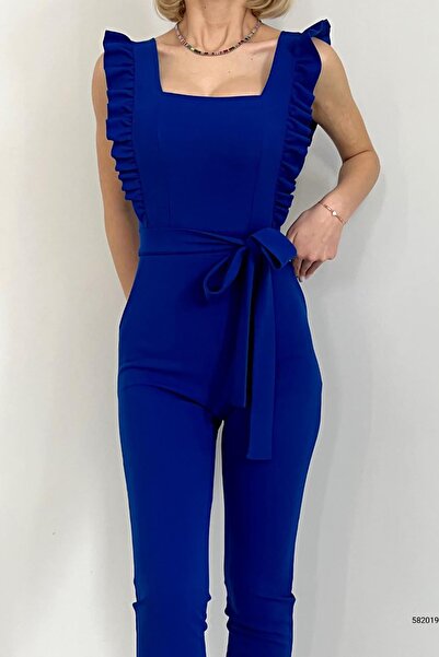 Deafox Saks Blue Imported Crepe Fabric Collar Ruffle Jumpsuit