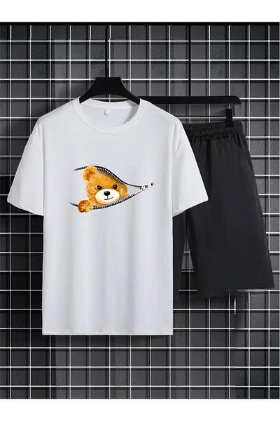 Medinenur Zipper Teddy Bear Pattern Printed T-Shirt Short Wide Leg Comfortable Fit Black Bottom Black Top Short Set