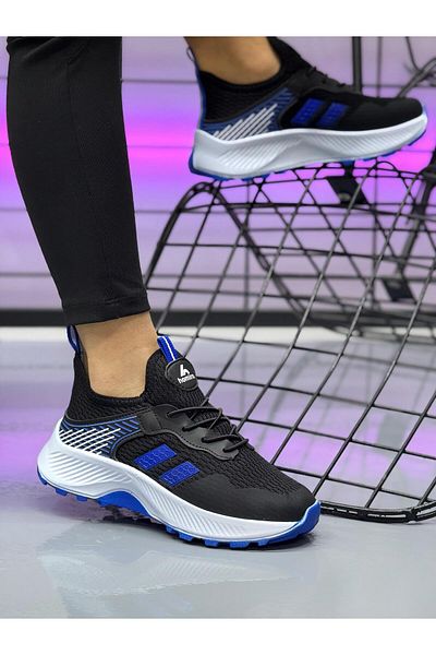 homiro Pantofi sport unisex pentru copii cu șireturi din polietilenă, negru-albastru