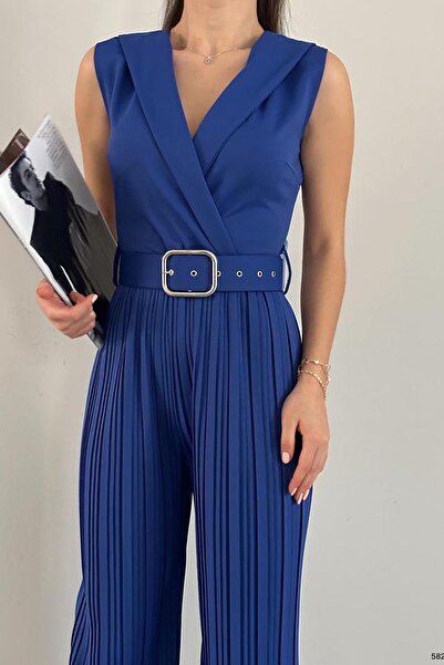 Deafox Saks Blue Belted and Pleated Wide Leg Crepe Fabric Jumpsuit