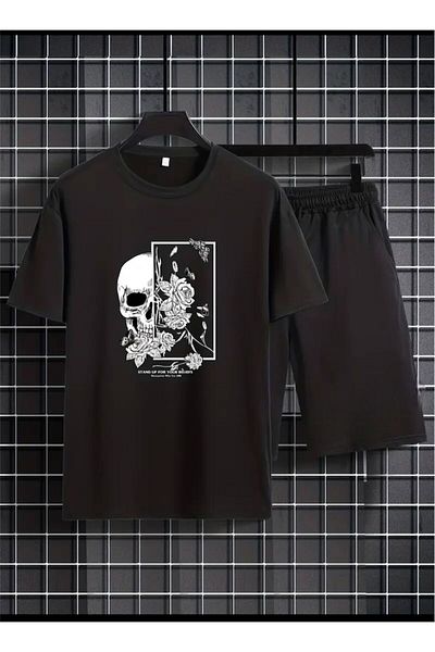 Medinenur Skull Printed T-Shirt Short Wide Leg Comfortable Fit Black Bottom Black Top Short Set