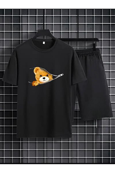 Medinenur Zipper Teddy Bear Pattern Printed T-Shirt Short Wide Leg Comfortable Fit Black Bottom Black Top Short Set