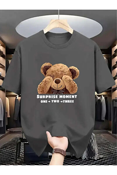 Jooy تي شيرت كبير الحجم مطبوع عليه دمية دب خجولة باللون الرمادي الدخاني