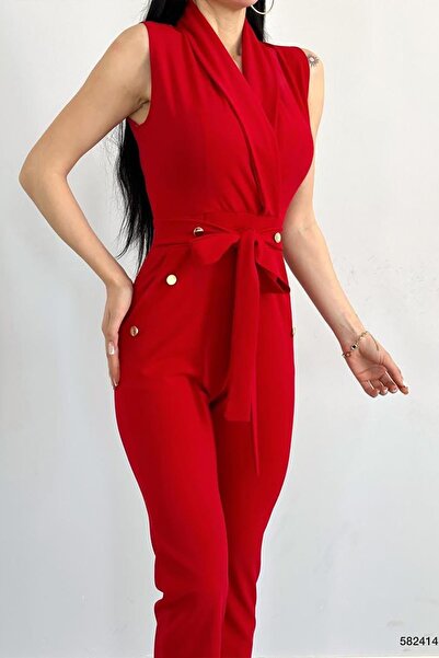 Deafox Red Gold Buttoned Crepe Fabric Self Belted Jumpsuit