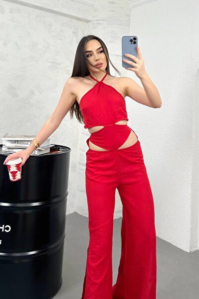 Deafox Red Maxi Design Jumpsuit - Imported Linen, Hidden Zipper, Slit and Back Low-cut Detail