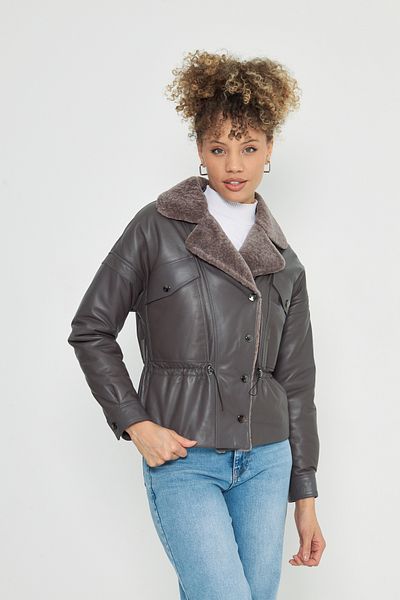 By Marki Marki Brown Genuine Leather Puffer Coat - Fur Collar, Snap Closure, Limited Edition - 111422