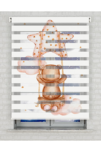 Bright Cover Κουρτίνα ζέβρα με στάμπα αστέρια και αιωρούμενο αρκουδάκι σε σύν...