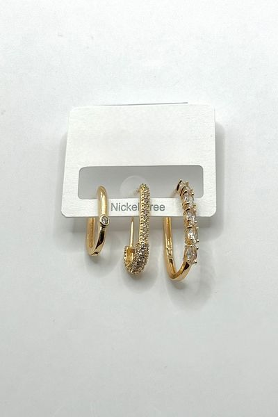 DEMOKAN Women's Earrings Imported Special Series 3-Piece Ellipse Hoop Zircon Stone Hook Non-Tarnish Earrings