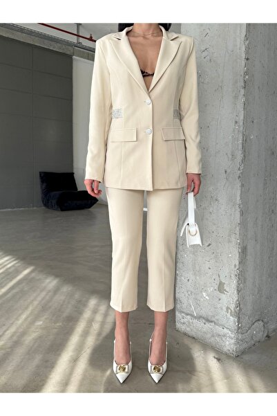 Female Clothing Bej Taş Detay Blazer Ceket Esnek Cepli Kemerli Pantolon Takım Elbise