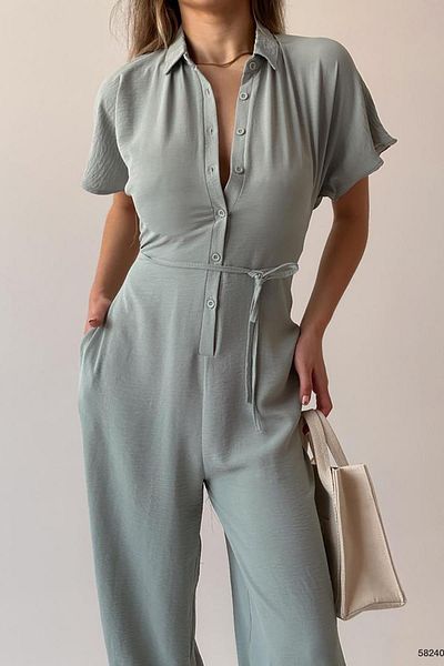 Deafox Mint Shirt Collar Buttoned Aerobin Fabric Jumpsuit
