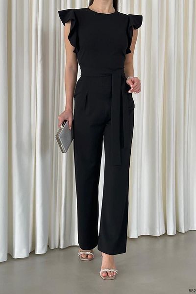 Deafox Black Crepe Fabric Sleeves Flounced Detail Belted Belted Jumpsuit