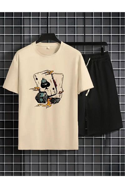 Medinenur Dice Printed T-Shirt Short Wide Leg Comfortable Fit Black Bottom Black Top Short Set