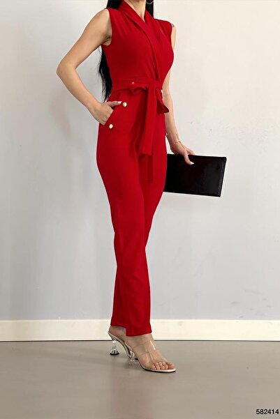 Deafox Red Gold Buttoned Crepe Fabric Self Belted Jumpsuit