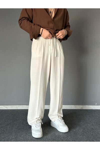 THEMANN Linen Fabric Baggy Waist Lace-Up Beige Pants