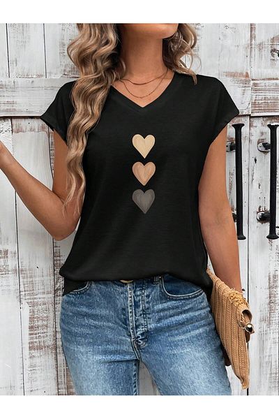 Deocept Tricou oversize casual cu decolteu în V cu imprimeu inimă pentru femei