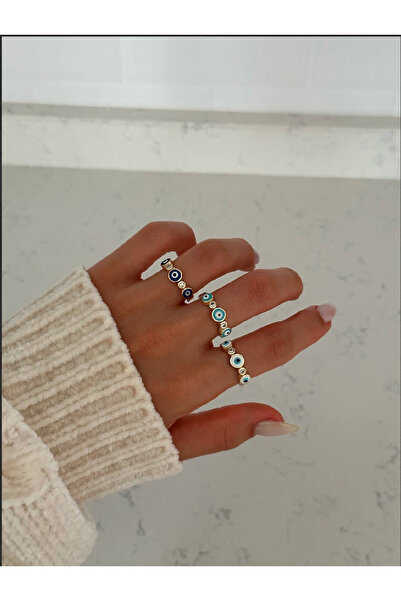 AychaAksesuar White Ring with White Enamel Evil Eye Bead Adjustment