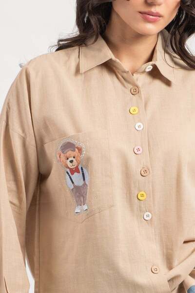 Hatun Atila Бежова ленена риза - Детайл с плюшено мече HatunAtila, модел 8760