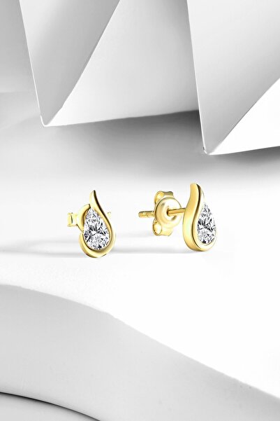 jelux silver Gümüş 925 Ayar Gümüş Damla Zirkon Taşlı Çivili Gold Küpe