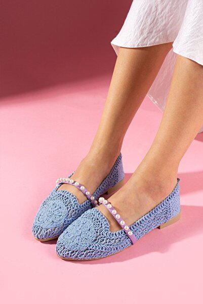FUGA MODA Barta Bebe Mavisi Oval Nakışlı İnci Kemerli Babet