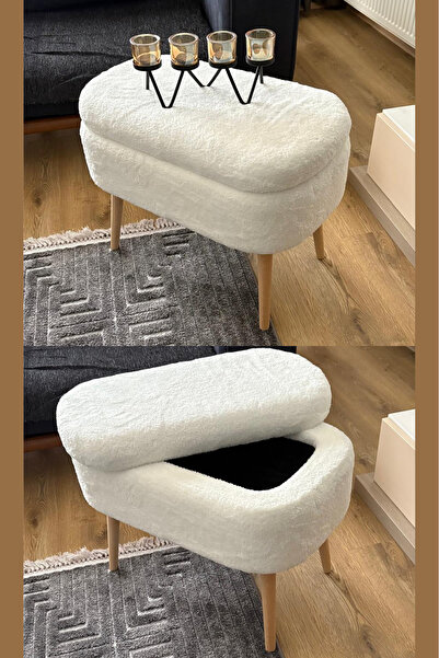 Fahrettin Küçük MİNİ OSLO Wellsoft Kırık Beyaz Sandıklı Puf Kedi Yatağı Makyaj Masası Pufu Salon Pufu Orta Sehpa