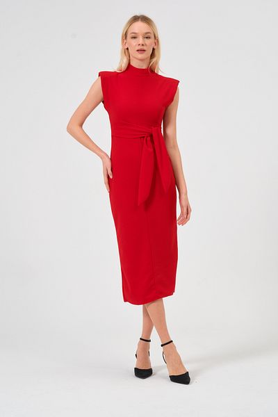 Moda Palmiss Women's Red Front Tie Slit Detailed Padded Pencil Dress