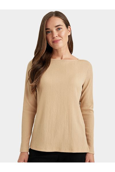 DeFacto Regular Fit Boat Neck Crinkle Long-Sleeve T-Shirt