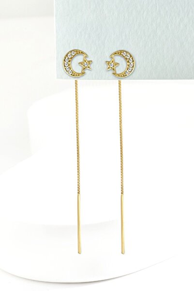 jelux silver Gümüş 925 Ayar Zirkon Taşlı Ay Yıldız Zincirli Model Gold Küpe