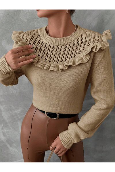 AQE FASHION Pulover de damă Robasi cu volane Camel Knitwear
