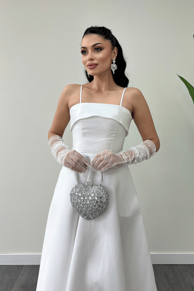 giyimmasalı Taffeta Satin Fabric Strap Evening Dress - White