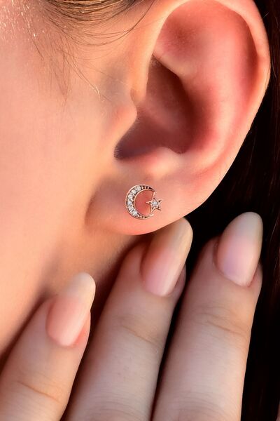 jelux silver Gümüş 925 Ayar Zirkon Taşlı Ay Yıldız Çivili Rose Küpe