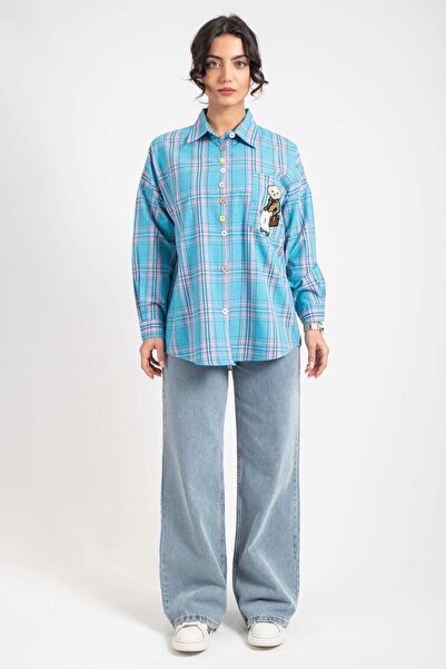 Hatun Atila HatunAtila 8761 Модель Синя картата сорочка - Вишивка ведмедик