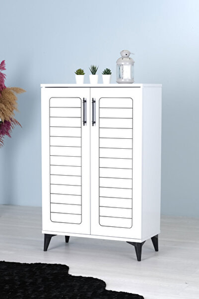 mistik home Luna 2 Kapaklı 4 Bölmeli Modern Ayakkabılık - Beyaz | 70x108x35 Cm