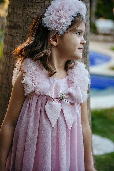 Mialora Rochie de seară pentru fete cu sclipici și fundă - Accesorii pentru coroană, detaliu cu volan pe umeri E