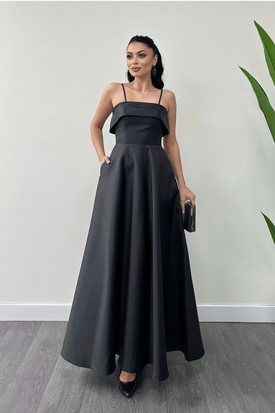 giyimmasalı Taffeta Satin Fabric Strap Evening Dress - Black