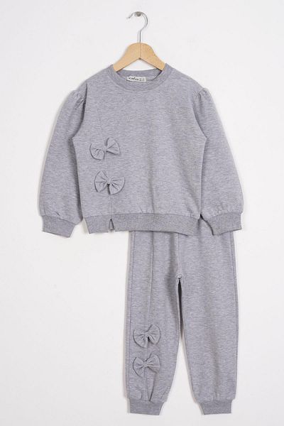 zepkids Gray Melange Color Girl's Tracksuit Set with Bow on the Front