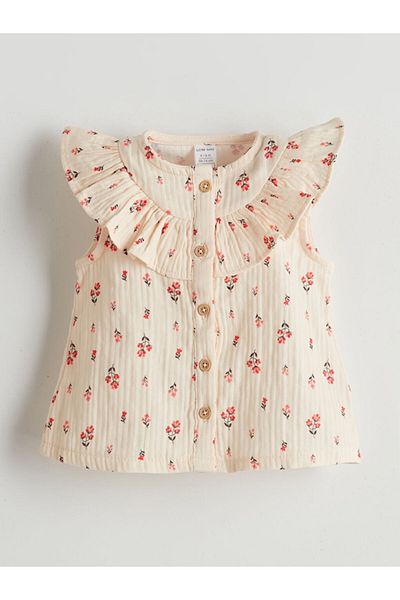 LC Waikiki Ecru Crew Neck Floral Baby Girl Blouse and Shorts 2-Piece Set