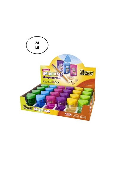Brons Br-572 Model Triangle Patterned Pencil Sharpener with Tank - Mixed Color 24 Pieces