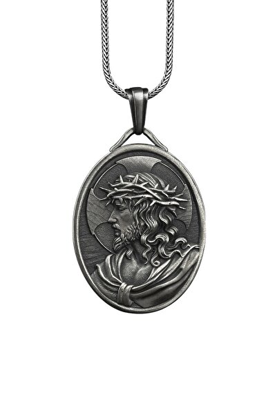 Bysilverstone İsa Mesih Haçlı Dikenli Taç Madalyon Gümüş Kolye