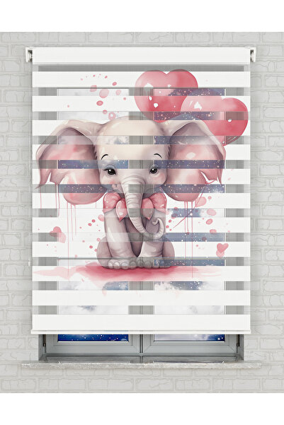 Bright Cover Pembe Kalpler ve Fil Baskılı Zebra Perde - Gece Gündüz - Bebek O...