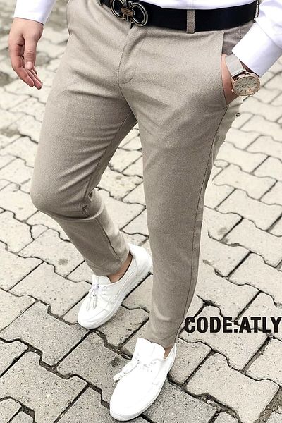 Gussi Men's Beige Color Quality Flexible Lycra Slim Fit Linen Trousers