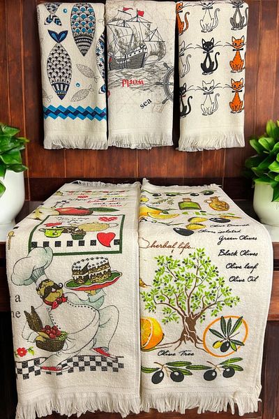 CNR Garden 5-Piece 40x60 Cm Printed Hand and Face Towel Set - Kitchen Towel, Wooden Base