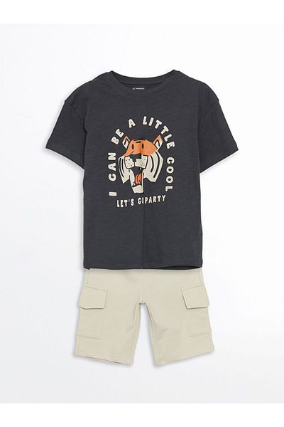 LC Waikiki Anthracite Crew Neck Printed Boys T-Shirt and Shorts 2-Piece Set