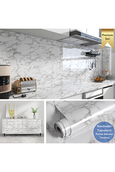 TechnoSmart 60x300cm Mermer Desen Kendinden Yapışkanlı Duvar Kağıdı Kaplama Mutfak Tezgeh Masa Folyo
