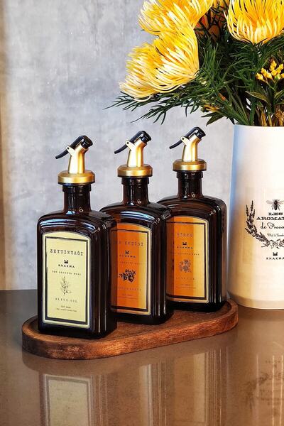 KHAKMA Amber Gold Olive Oil Pomegranate Sour Vinegar Bottle Oil Pot with Wooden Stand Set of 3 250ml Goldcb3