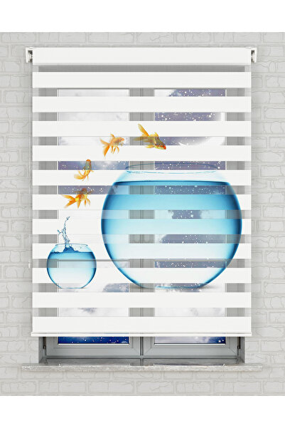 AD Home Akvaryum ve Balıklar Baskılı Zebra Perde - Gece Gündüz - Mutfak Perdesi