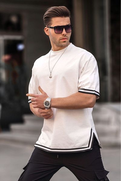 Madmext Pruhované tričko Ecru Crew Neck Neck 6097