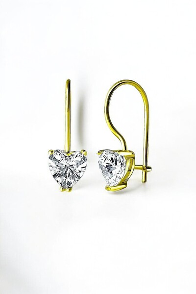 jelux silver Gümüş 925 Ayar 6 mm Kalp Pırlanta Montür Zirkon Taşlı Mengeçli Gold Küpe